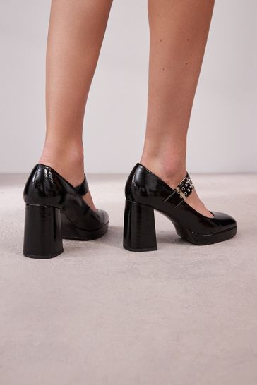 NOR356 Black Eyelet Strap Platform Heel Shoes - Image 2