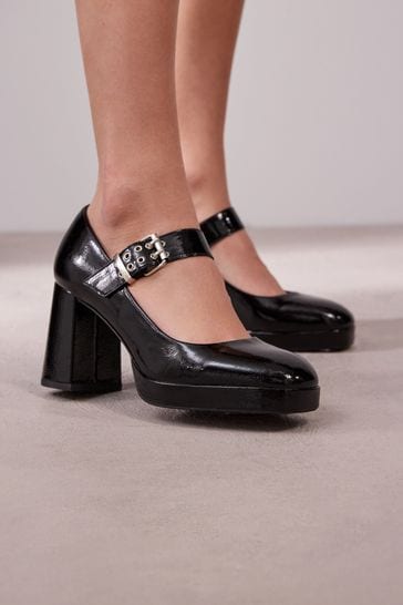 NOR356 Black Eyelet Strap Platform Heel Shoes - Image 3