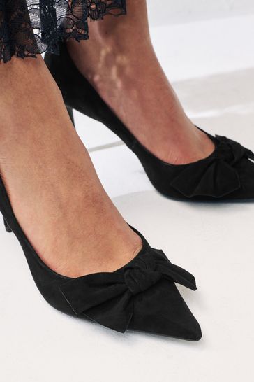 NOR366 Black Leather Bow Mid Court Shoes - Image 2